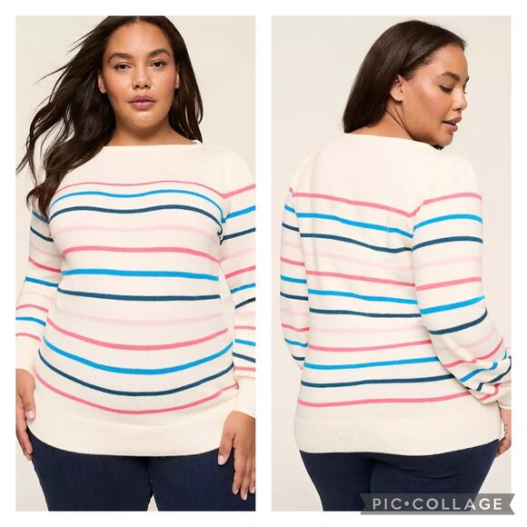 Lane Bryant Sweaters - Lane Bryant Boatneck Striped Puff Sleeve Sweater Size 14/16